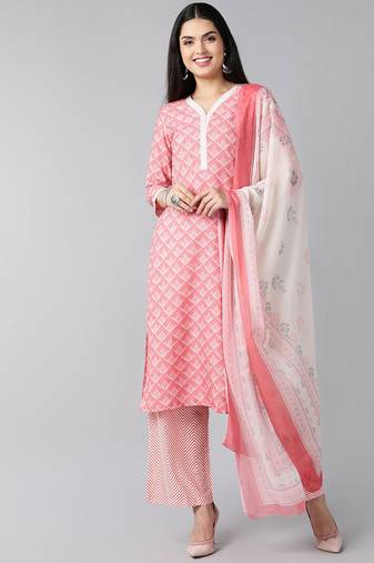 Women pink printed polyester stiched straight kurta palazzo suit set
