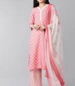 Women pink printed polyester stiched straight kurta palazzo suit set