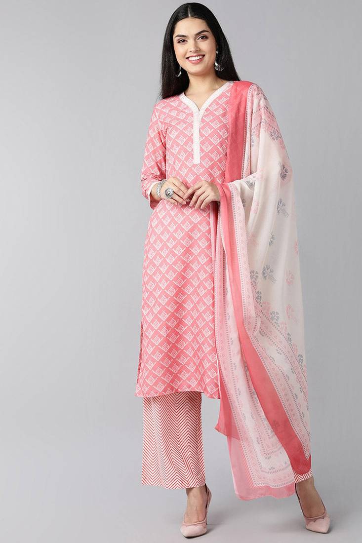 Women pink printed polyester stiched straight kurta palazzo suit set
