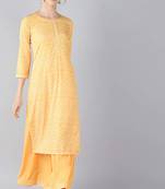 Women yellow printed poly crepe stiched straight kurta palazzo suit set