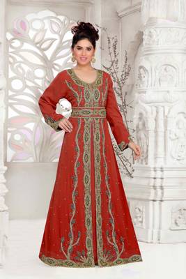 Maroon color Full Sleeves Handmade Moroccan Kaftan with hijjab 1