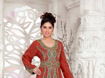 Maroon color Full Sleeves Handmade Moroccan Kaftan with hijjab 2
