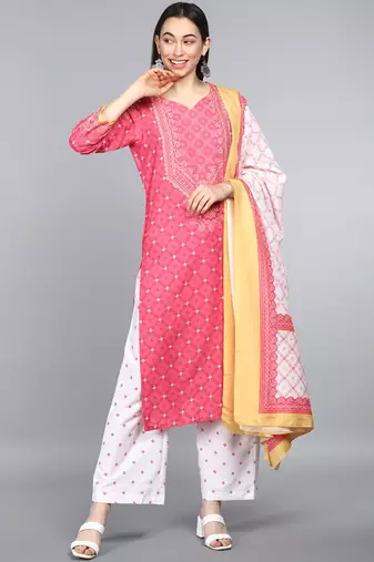 Women pink printed poly crepe stiched straight kurta palazzo suit set