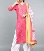 Women pink printed poly crepe stiched straight kurta palazzo suit set