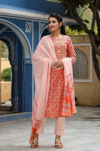 Women orange printed rayon stiched straight kurta palazzo suit set