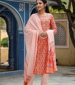 Women orange printed rayon stiched straight kurta palazzo suit set