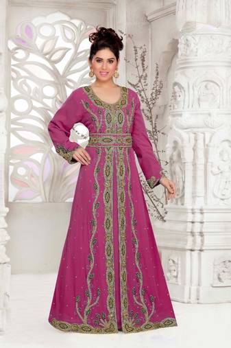 Wine color luxurious Full Sleeves Handmade Moroccan Kaftan with hijjab
