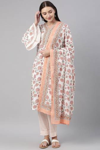 Women white printed pure cotton  stiched straight kurta trousers suit set