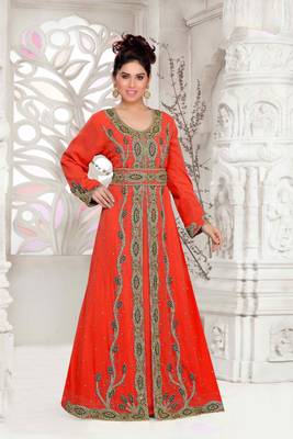 Red color Full Sleeves Handmade Moroccan Kaftan with hijjab 1