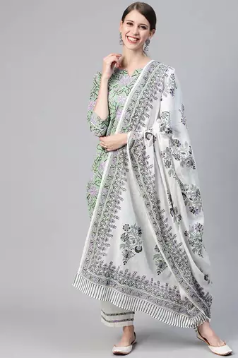 Women green printed pure cotton  stiched straight kurta palazzo suit set