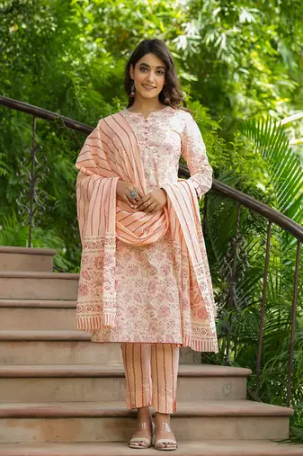 Women orange embroidered pure cotton  stiched straight kurta palazzo suit set