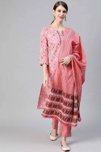Women pink printed pure cotton  stiched straight kurta trousers suit set