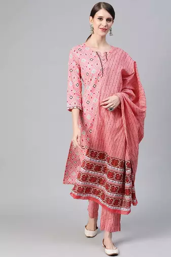 Women pink printed pure cotton  stiched straight kurta trousers suit set