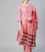 Women pink printed pure cotton  stiched straight kurta trousers suit set