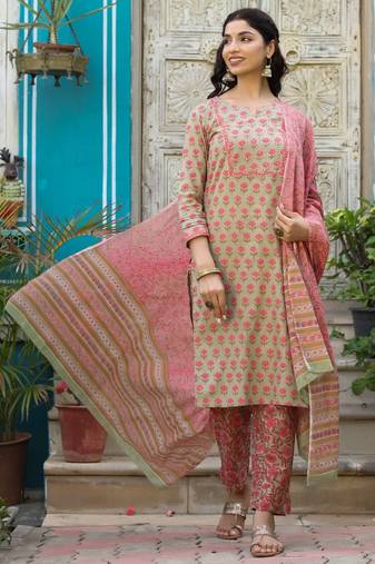 Women green printed pure cotton  stiched straight kurta trousers suit set