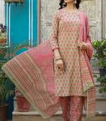 Women green printed pure cotton  stiched straight kurta trousers suit set