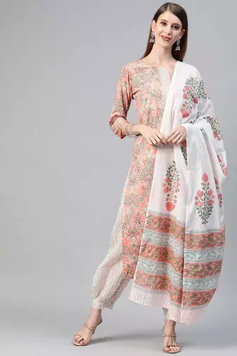 Women pink printed pure cotton  stiched straight kurta salwar suit set