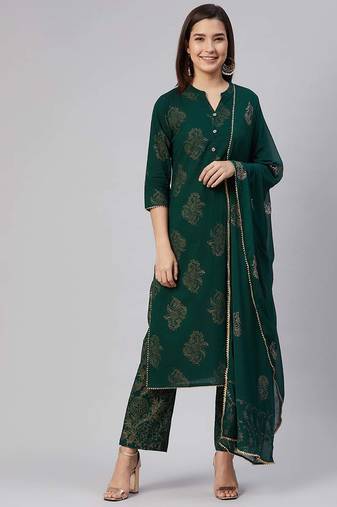 Women green printed pure cotton  stiched straight kurta palazzo suit set
