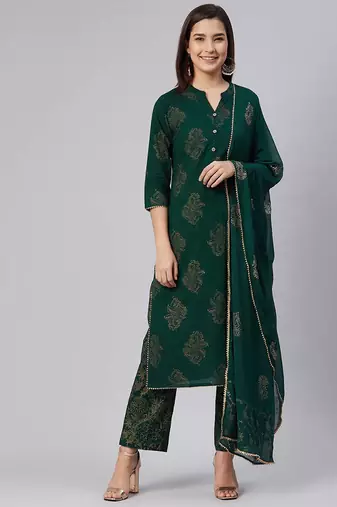 Women green printed pure cotton  stiched straight kurta palazzo suit set