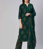 Women green printed pure cotton  stiched straight kurta palazzo suit set
