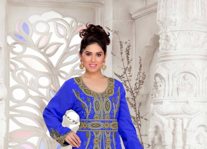 Royal-Blue color luxurious Full Sleeves Handmade Moroccan Kaftan  with hijjab