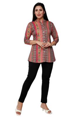 Muslin rayon cotton print with foil short kurtis top 1