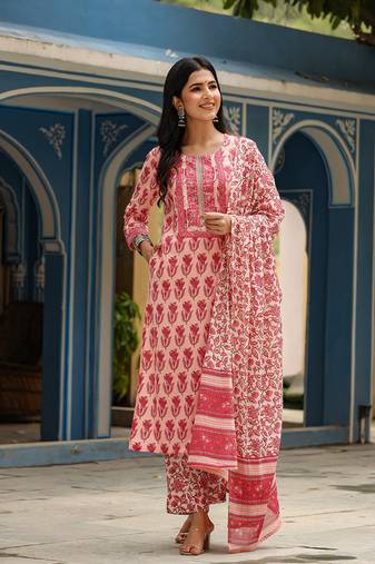 Women pink embroidered rayon stiched straight kurta trousers suit set