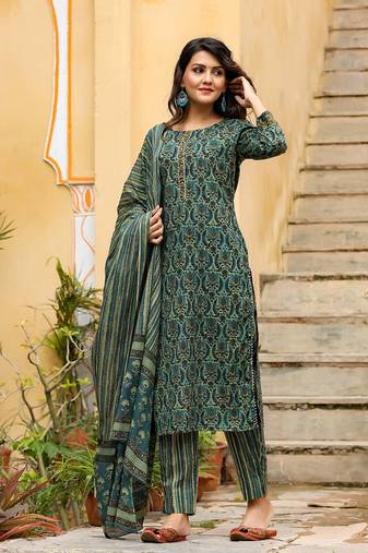 Women green printed rayon stiched straight kurta trousers suit set