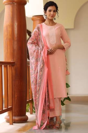 Women pink printed pure cotton  stiched straight kurta trousers suit set