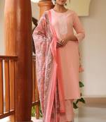 Women pink printed pure cotton  stiched straight kurta trousers suit set