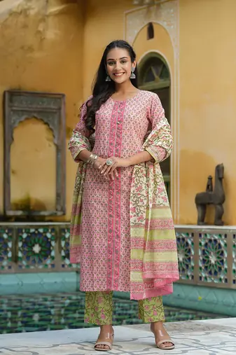 Women pink printed pure cotton  stiched straight kurta palazzo suit set