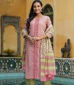 Women pink printed pure cotton  stiched straight kurta palazzo suit set