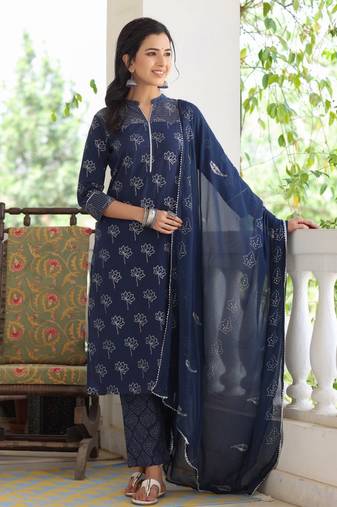 Women blue embroidered pure cotton  stiched straight kurta palazzo suit set