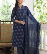 Women blue embroidered pure cotton  stiched straight kurta palazzo suit set