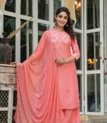 Women pink printed pure cotton  stiched straight kurta palazzo suit set