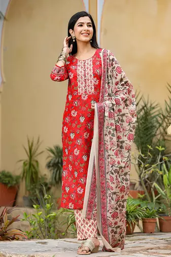 Women red printed rayon stiched straight kurta trousers suit set