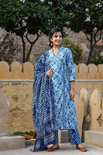Women blue printed pure cotton  stiched flared kurta trousers suit set