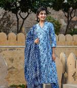 Women blue printed pure cotton  stiched flared kurta trousers suit set