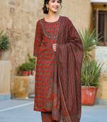 Women orange printed rayon stiched straight kurta trousers suit set