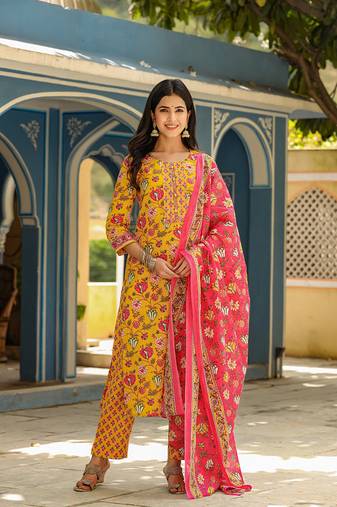 Women yellow printed rayon stiched straight kurta trousers suit set