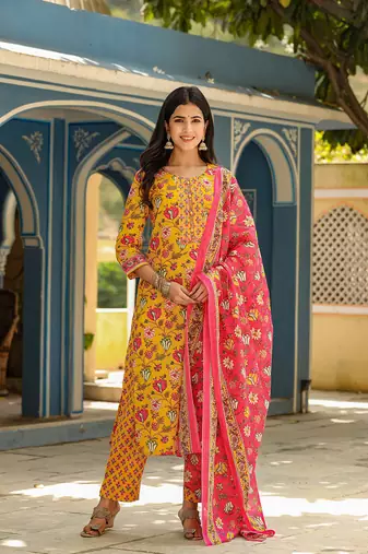 Women yellow printed rayon stiched straight kurta trousers suit set