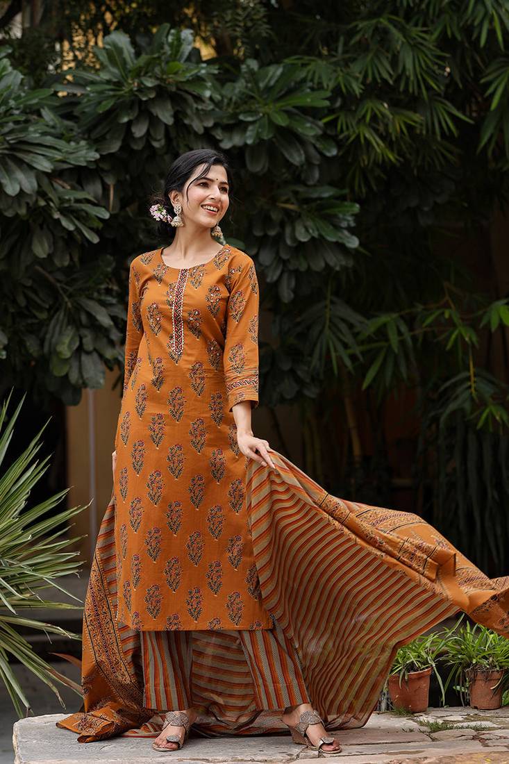 Women yellow printed rayon stiched straight kurta trousers suit set