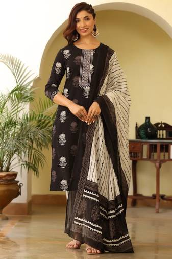 Women black printed rayon blend stiched straight kurta trousers suit set