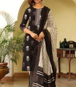 Women black printed rayon blend stiched straight kurta trousers suit set
