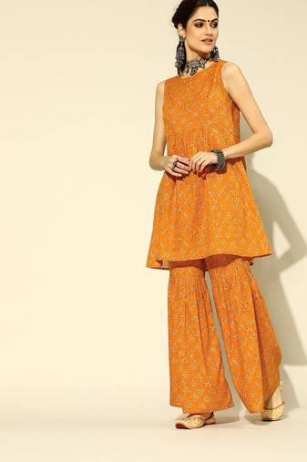Women yellow printed pure cotton  stiched flared kurta sharara suit set