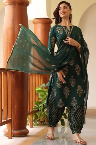 Women green embroidered pure cotton  stiched straight kurta trousers suit set