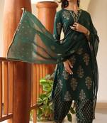 Women green embroidered pure cotton  stiched straight kurta trousers suit set