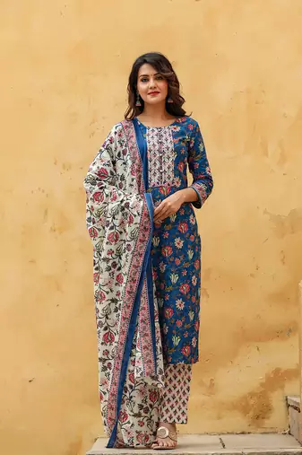 Women blue printed rayon stiched straight kurta trousers suit set