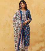 Women blue printed rayon stiched straight kurta trousers suit set