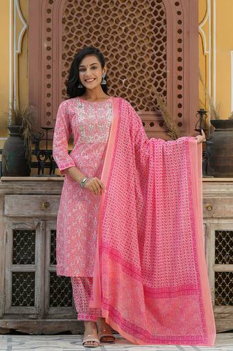 Women pink embroidered pure cotton  stiched straight kurta salwar suit set